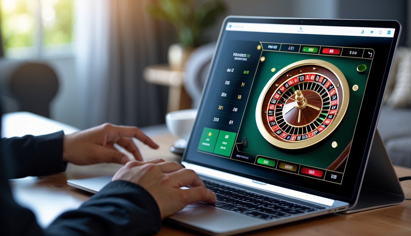 Tampilan layar perangkat dengan permainan roulette Amerika online yang sedang dimainkan di lingkungan rumah yang nyaman.