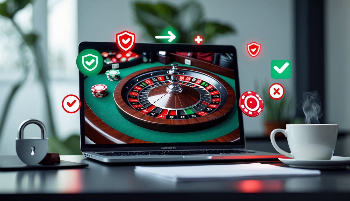 Seorang pengguna laptop dengan tampilan roda roulette Amerika di layar, di meja kerja yang rapi dengan simbol keamanan di sekitar laptop.