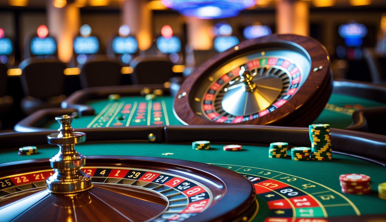 Meja roulette Amerika di kasino dengan roda roulette dan chip taruhan, suasana kasino yang hangat dan elegan.