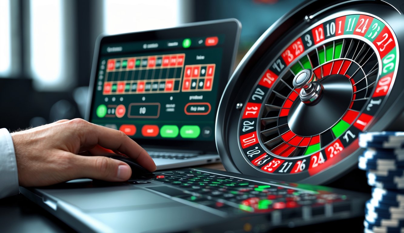Sebuah layar komputer menampilkan permainan roulette Amerika online dengan roda roulette digital dan tumpukan chip taruhan di sampingnya.