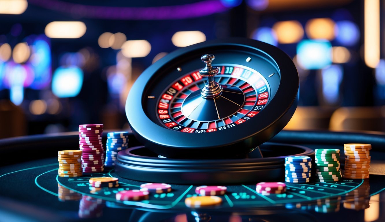 Meja roulette Amerika online dengan roda roulette digital, chip taruhan berwarna-warni, dan latar belakang suasana kasino yang terang.