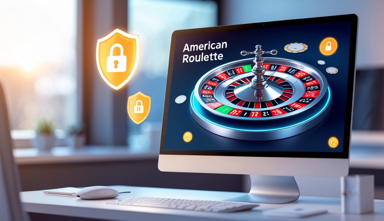 Sebuah komputer menampilkan permainan roulette Amerika online dengan roda roulette digital yang jelas, di atas meja kerja yang rapi dalam ruangan yang terang dan nyaman.