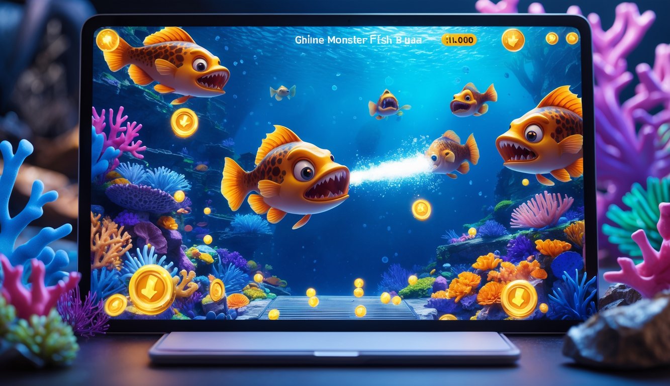 Layar komputer menampilkan permainan menembak ikan monster di bawah laut dengan terumbu karang berwarna-warni dan berbagai ikan besar yang menantang.