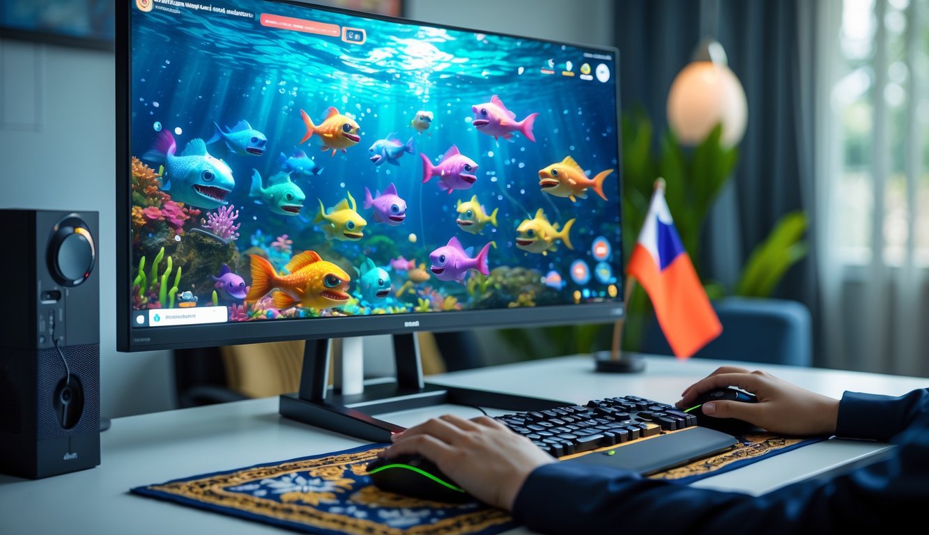 Seorang pengguna sedang bermain game menembak ikan monster di komputer dengan layar menampilkan ikan warna-warni di bawah air.
