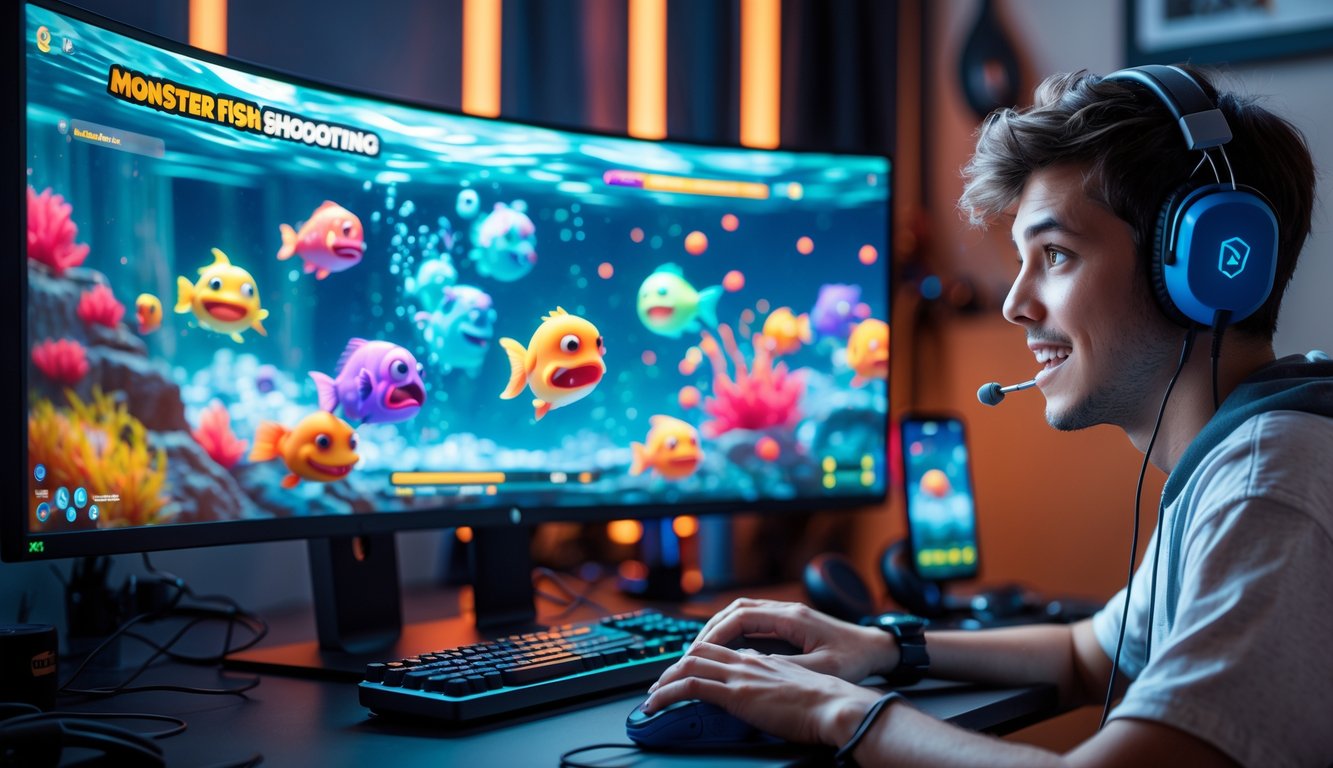 Seorang pemain muda sedang bermain game menembak ikan monster di komputer dengan layar menampilkan karakter ikan berwarna-warni di bawah laut.