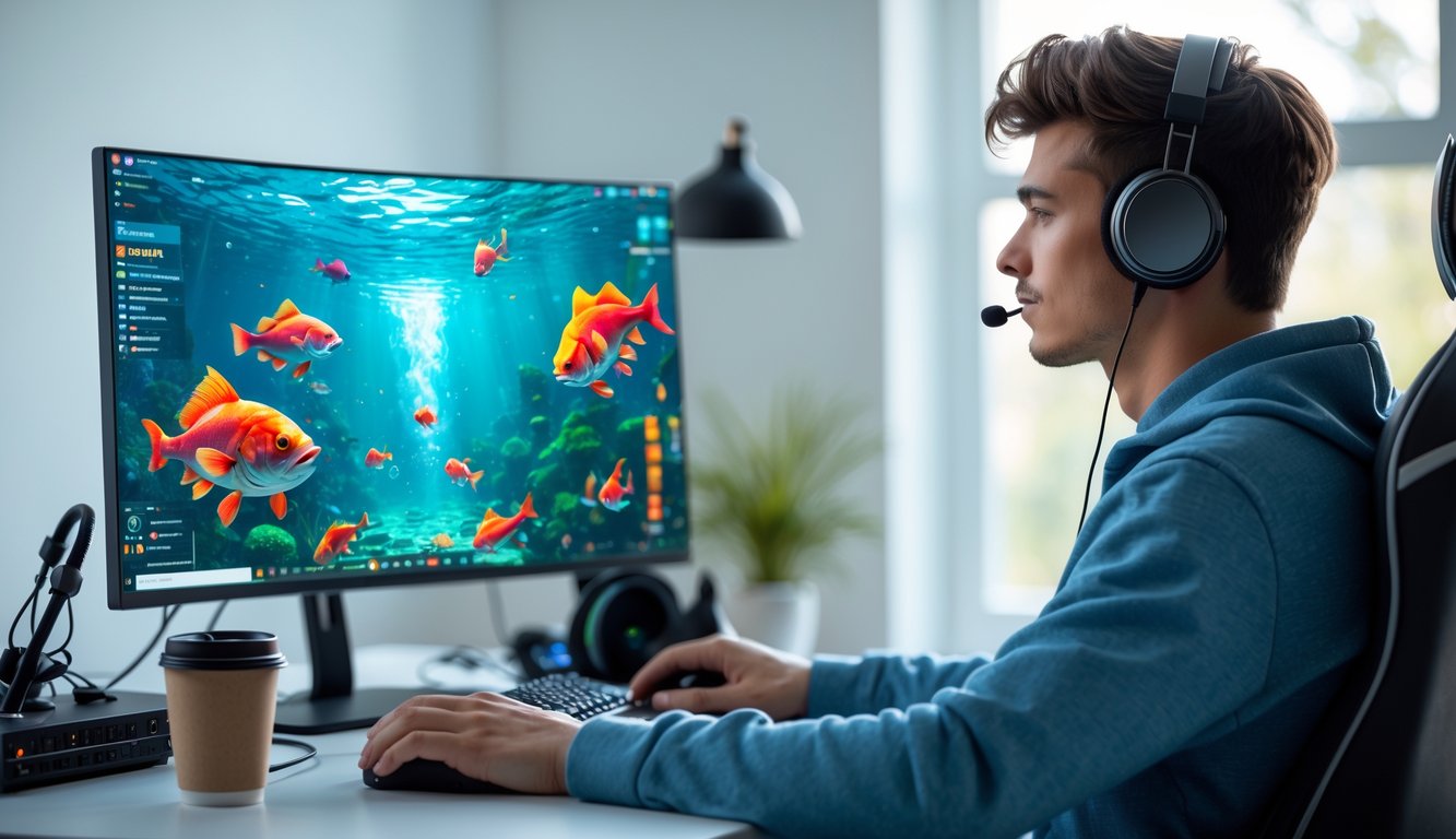 Seseorang duduk di meja dengan komputer menampilkan permainan ikan monster online, terlihat fokus dan santai di ruangan yang terang dan rapi.
