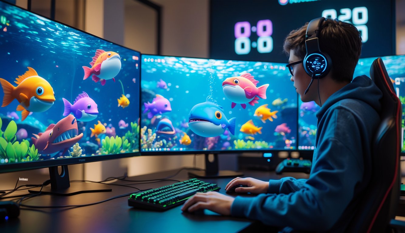 Seorang pemain sedang bermain game menembak ikan monster di komputer dengan layar penuh warna dan suasana ruangan yang terang.