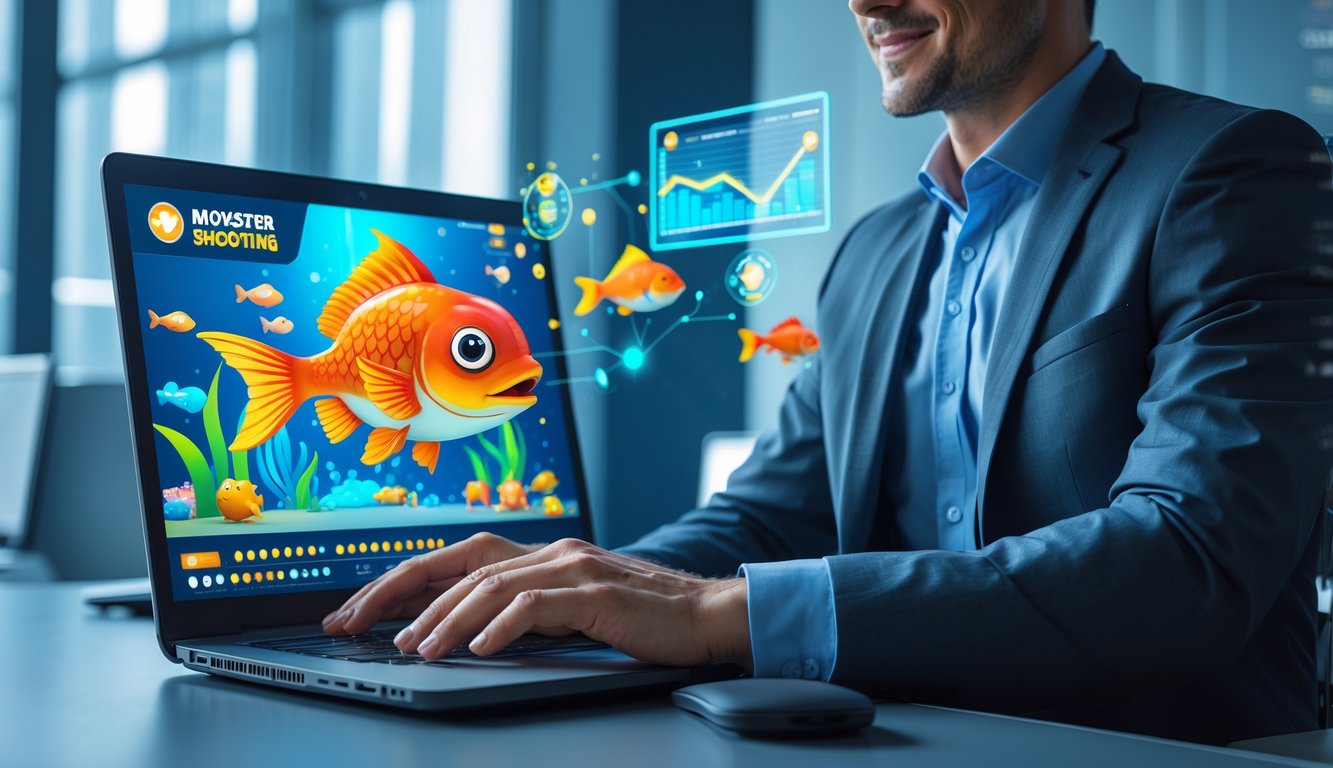 Seorang profesional duduk di meja modern menggunakan laptop dengan grafik permainan tembak ikan monster di layar, di ruang kantor yang rapi.