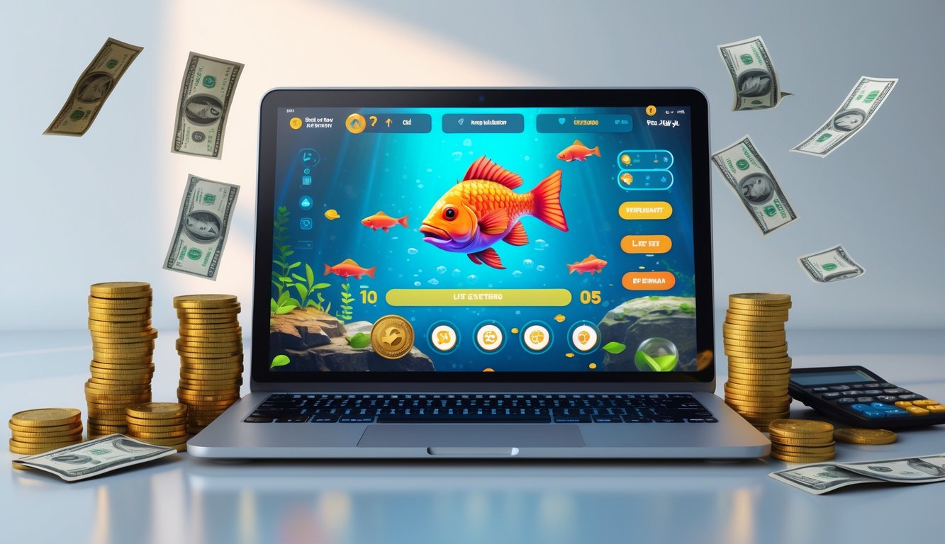 Sebuah layar komputer menampilkan permainan tembak ikan monster online dengan tumpukan koin dan kalkulator di sekitarnya.