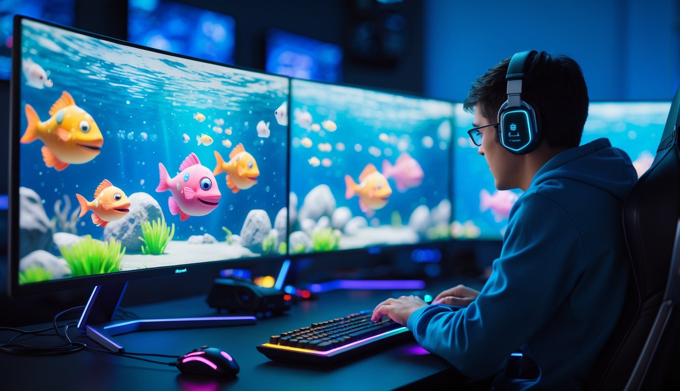 Seorang pemain game sedang bermain game menembak ikan monster di komputer dengan layar penuh warna di ruangan gelap berlampu biru.