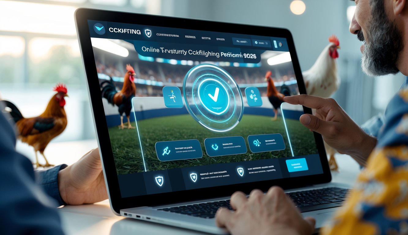 Orang-orang menggunakan perangkat digital untuk taruhan sabung ayam online dengan latar belakang arena sabung ayam.