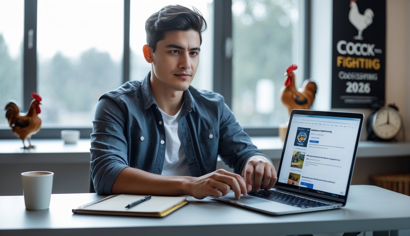 Seorang dewasa muda duduk di meja dengan laptop, terlihat fokus sedang mencari informasi tentang sabung ayam online di ruang kerja yang rapi dan terang.