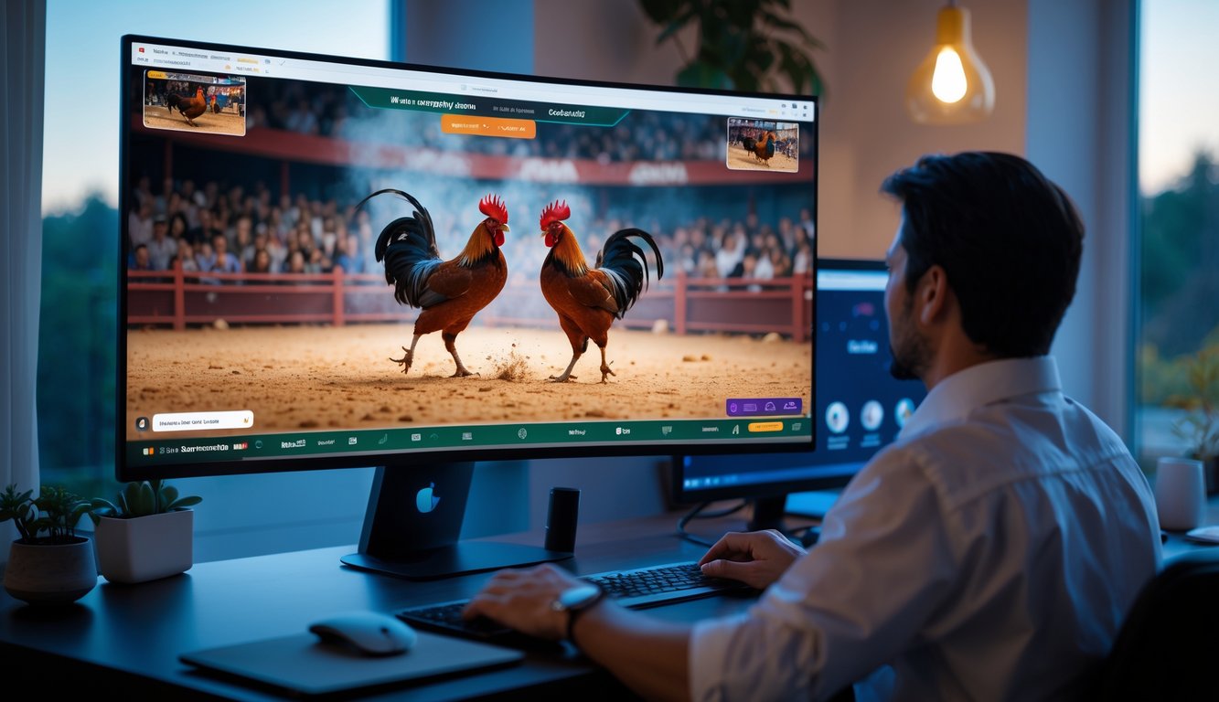 Seseorang menonton pertandingan sabung ayam secara langsung di layar komputer dengan gambar dua ayam jago bertarung di arena.