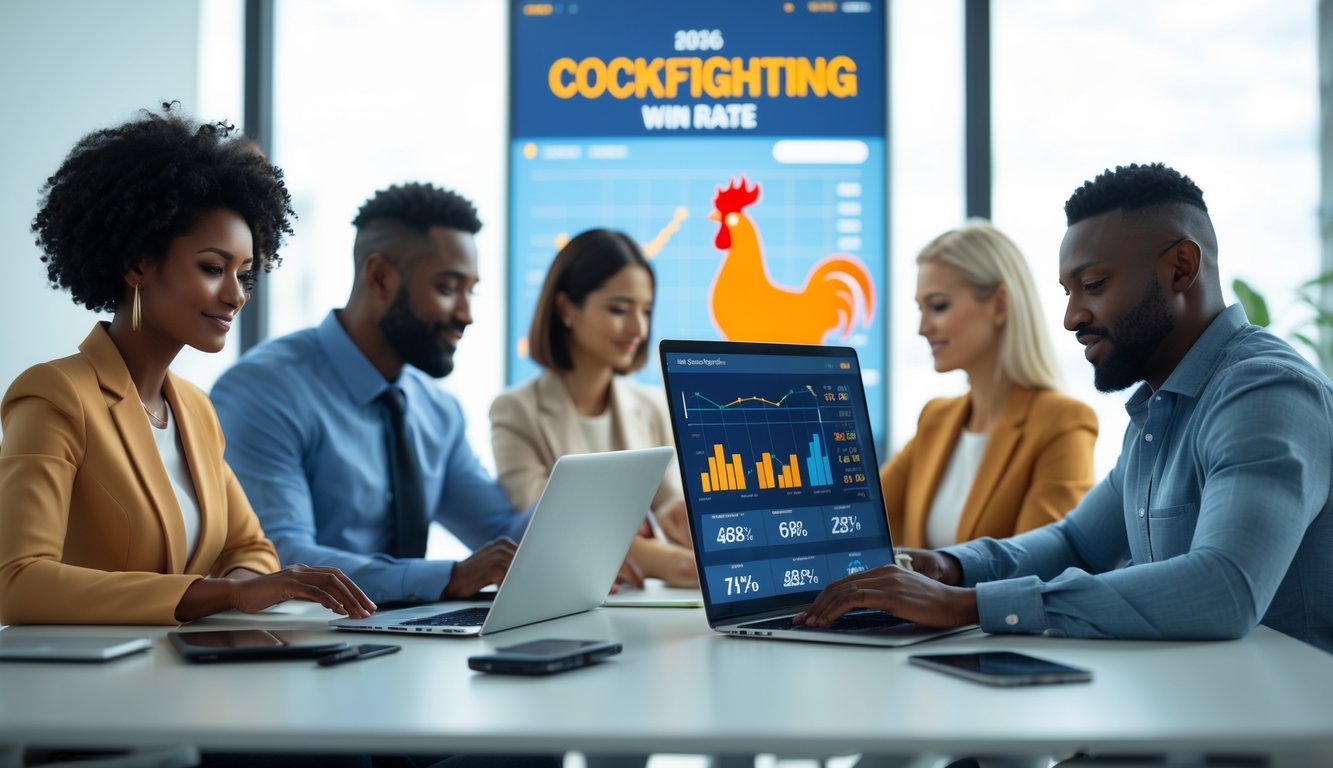 Beberapa orang menggunakan perangkat digital di ruang kerja modern dengan dekorasi bertema ayam jago, menunjukkan aktivitas taruhan sabung ayam online.