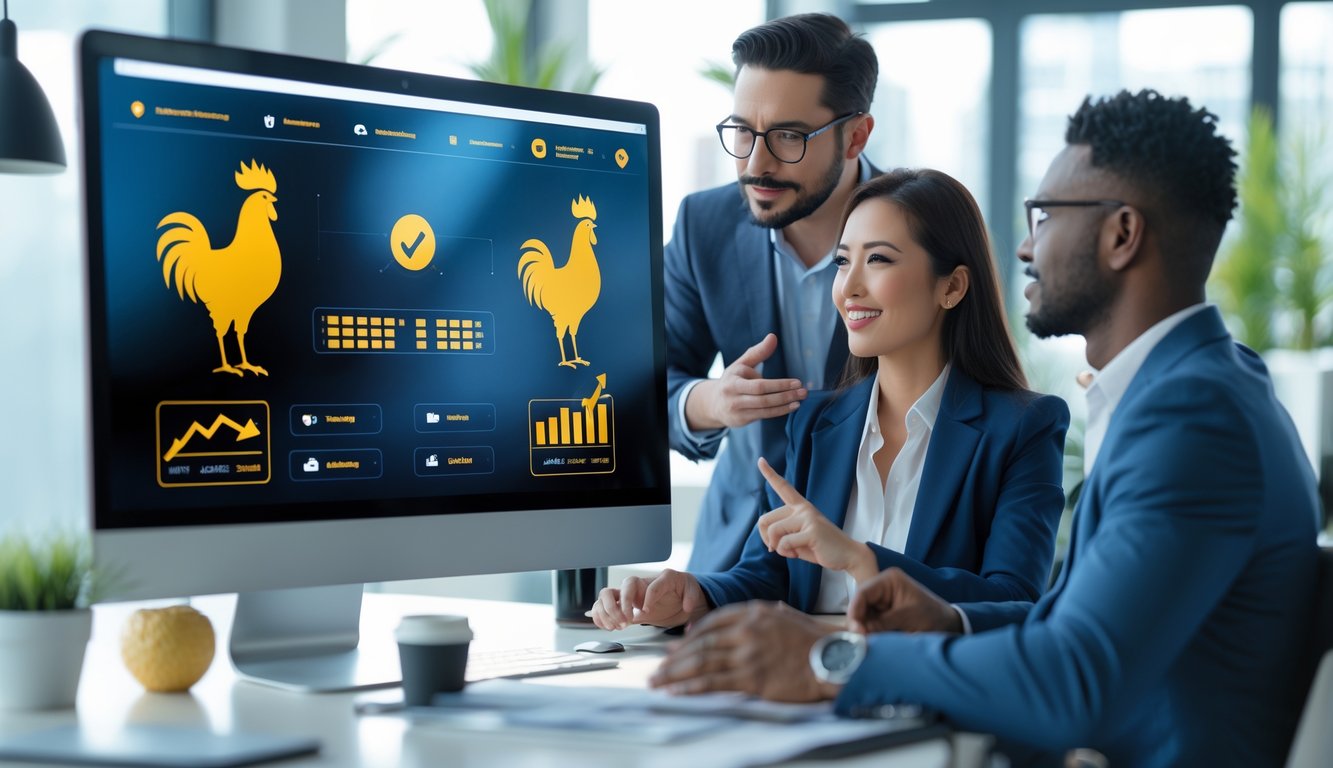 Sekelompok profesional sedang berdiskusi di depan layar komputer yang menampilkan antarmuka digital terkait sabung ayam online terpercaya tahun 2026.