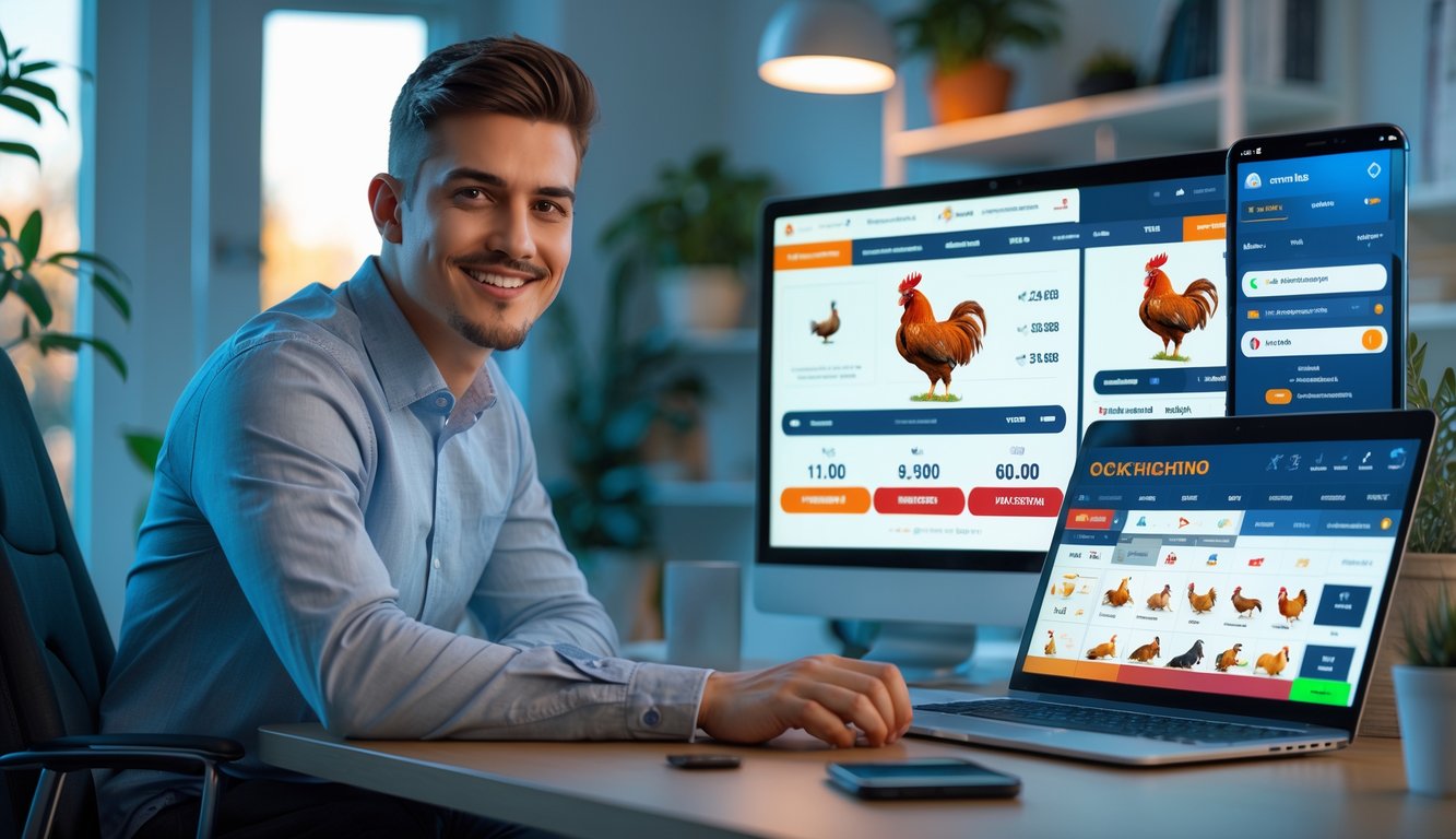 Seorang pria muda duduk di meja dengan laptop dan ponsel, menggunakan platform taruhan sabung ayam online di ruangan kantor rumah yang modern dan terang.