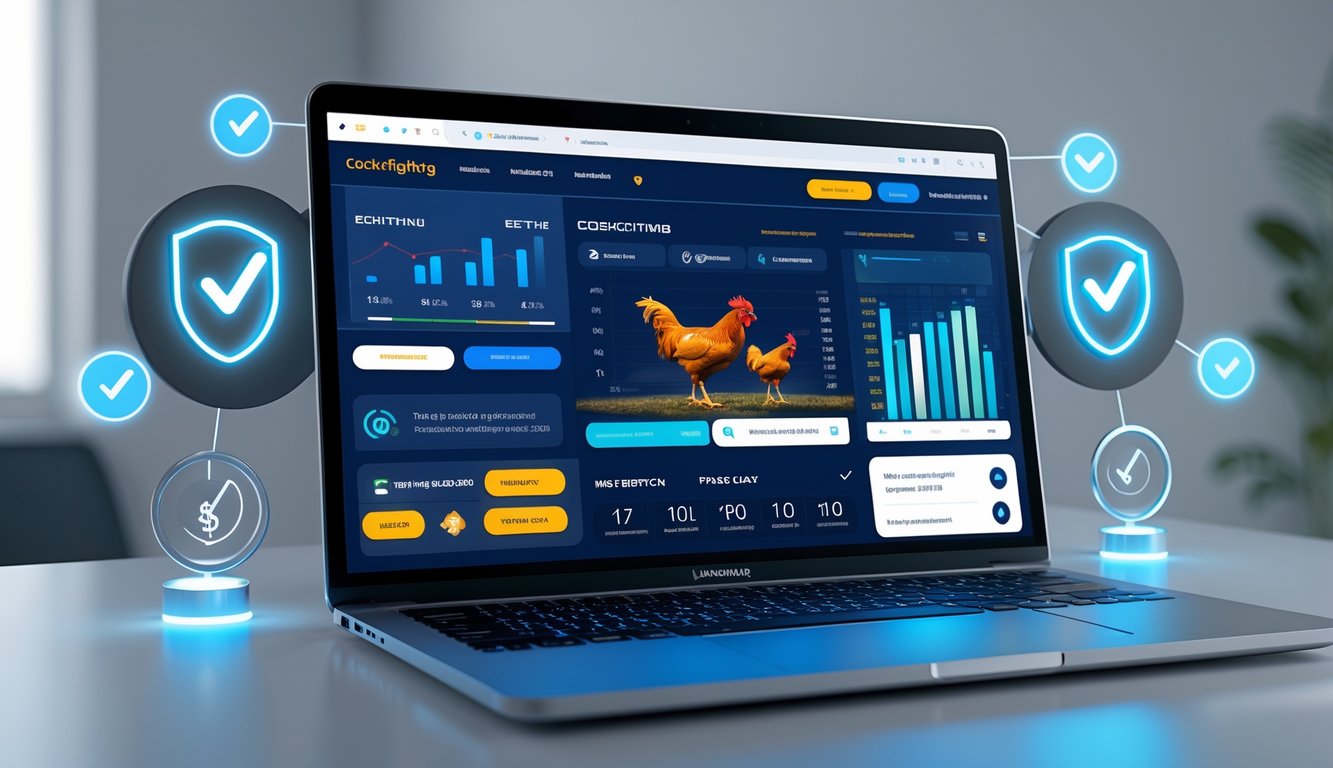 Seorang pria menggunakan laptop di meja kerja modern dengan tampilan situs taruhan sabung ayam online yang menampilkan grafik dan statistik, dikelilingi simbol keamanan dan kepercayaan.