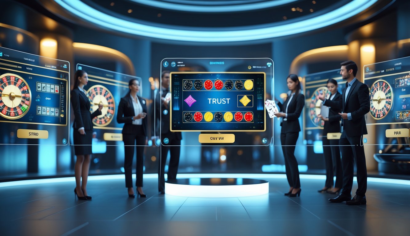 Seorang profesional sedang menggunakan antarmuka kasino online futuristik dengan latar belakang ruangan modern yang mewah dan pencahayaan biru keemasan.