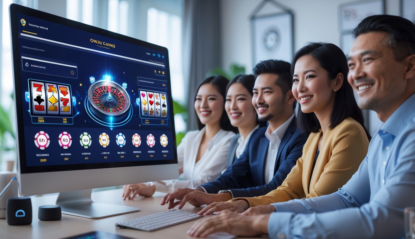 Beberapa pemain Indonesia sedang menggunakan platform kasino online yang aman dan terpercaya di ruang tamu yang nyaman.