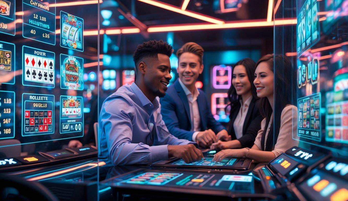 Sekelompok orang muda menggunakan perangkat digital di ruang kasino online modern dengan layar permainan kasino yang futuristik.