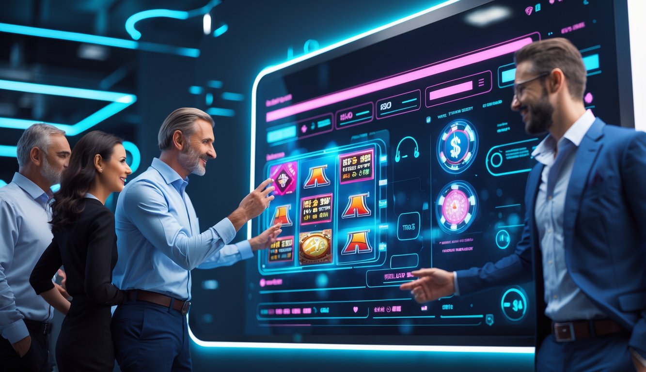 Orang-orang menggunakan layar sentuh besar dengan tampilan permainan kasino online modern di latar belakang teknologi futuristik.