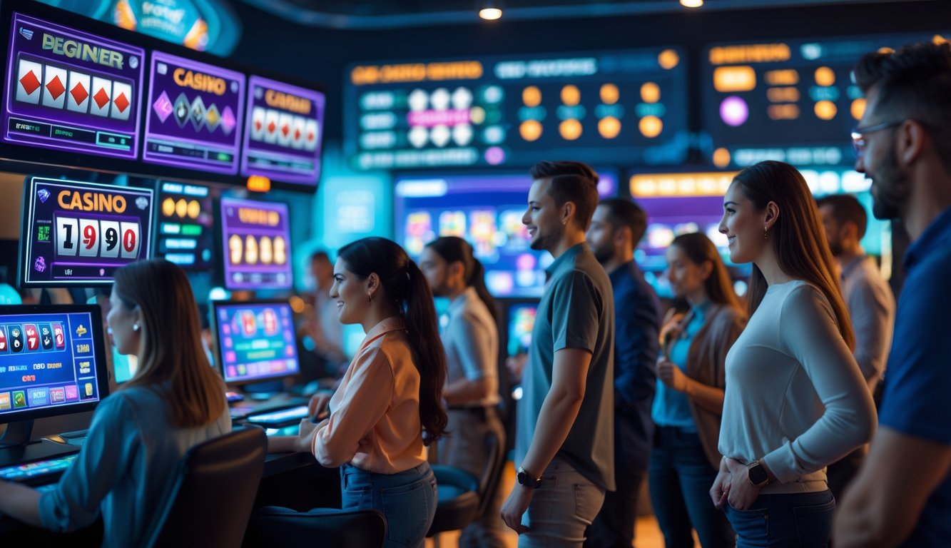 Orang-orang yang bermain permainan kasino online di depan layar komputer dengan suasana modern dan teknologi canggih.