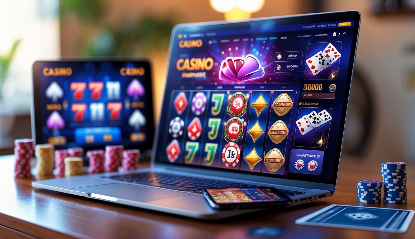 Laptop dan smartphone menampilkan berbagai permainan kasino online dengan chip poker dan kartu di atas meja kayu.