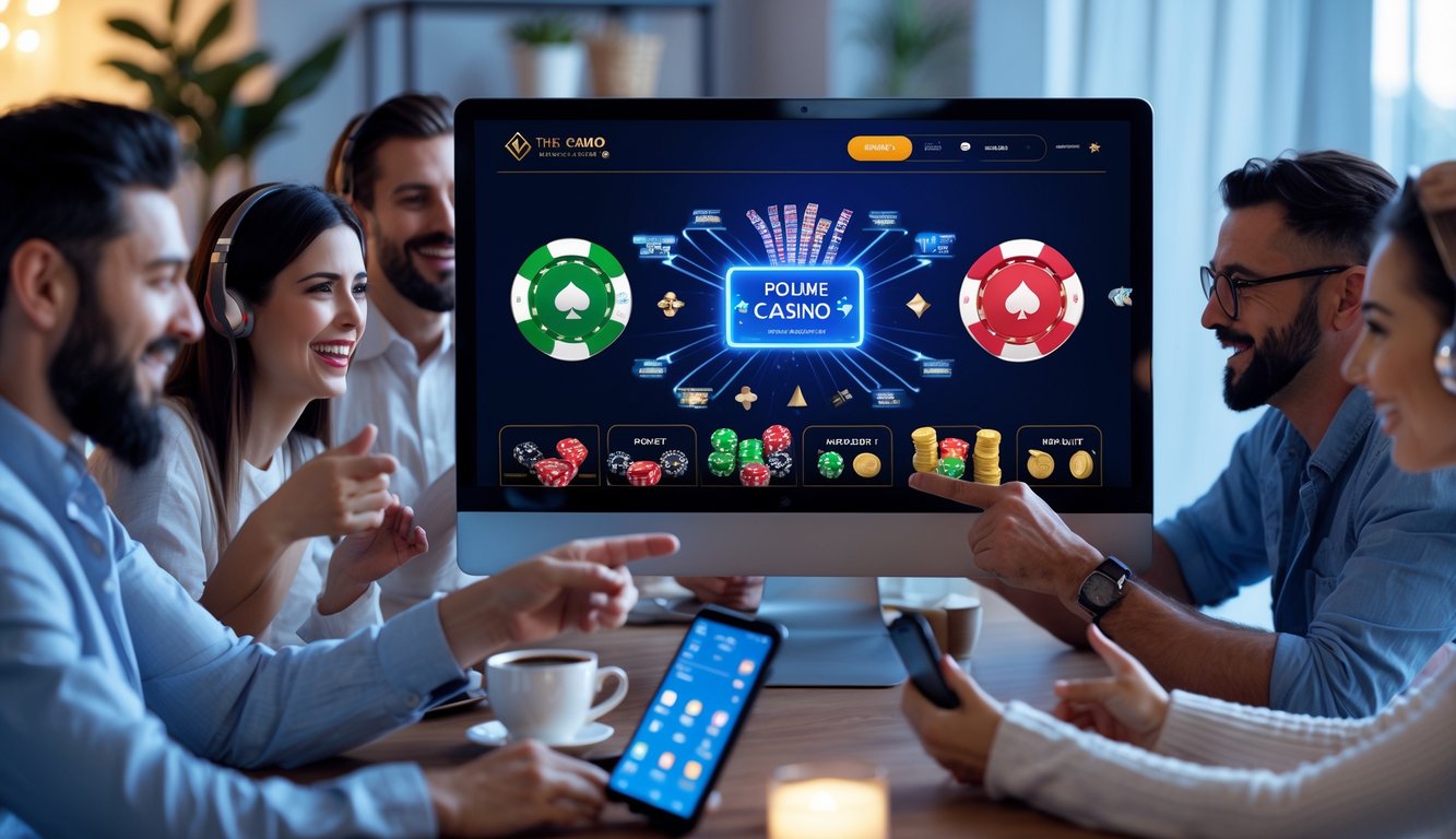 Beberapa orang bermain permainan kasino online di depan layar komputer di suasana rumah yang nyaman.