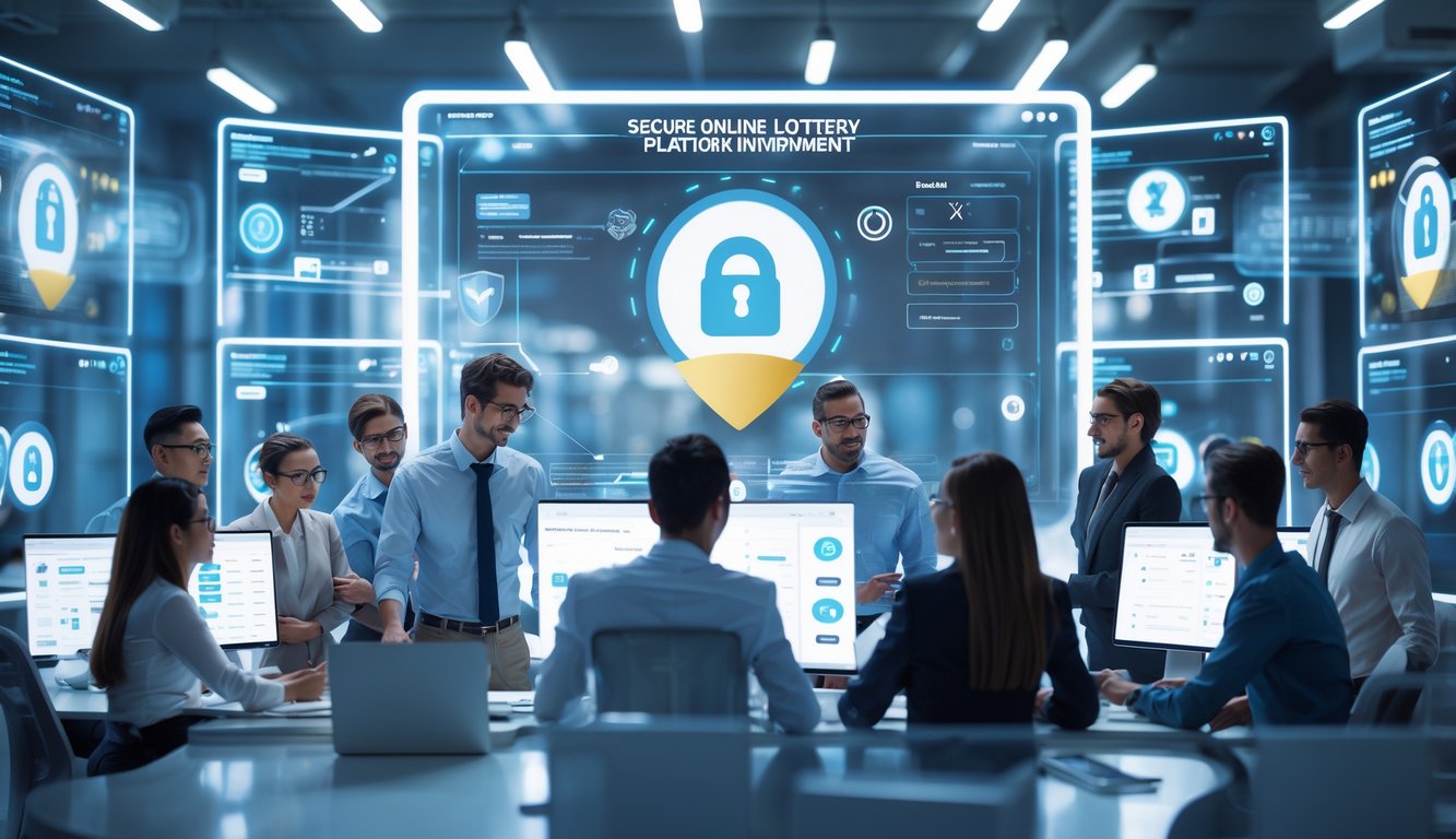 Sekelompok profesional muda bekerja di kantor berteknologi tinggi dengan layar digital yang menampilkan data dan simbol keamanan.