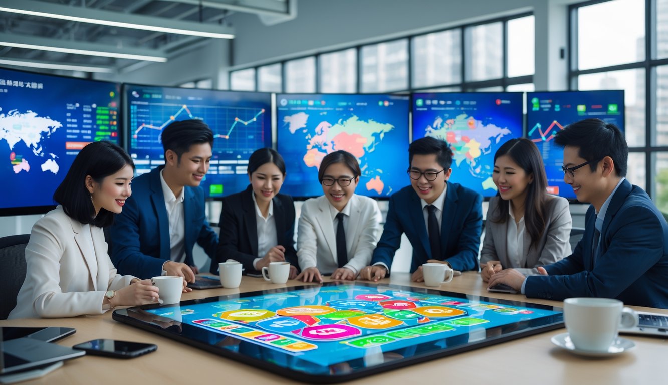 Sekelompok profesional Asia sedang bekerja bersama di ruang kantor modern dengan layar digital yang menampilkan grafik dan ikon terkait permainan togel online.