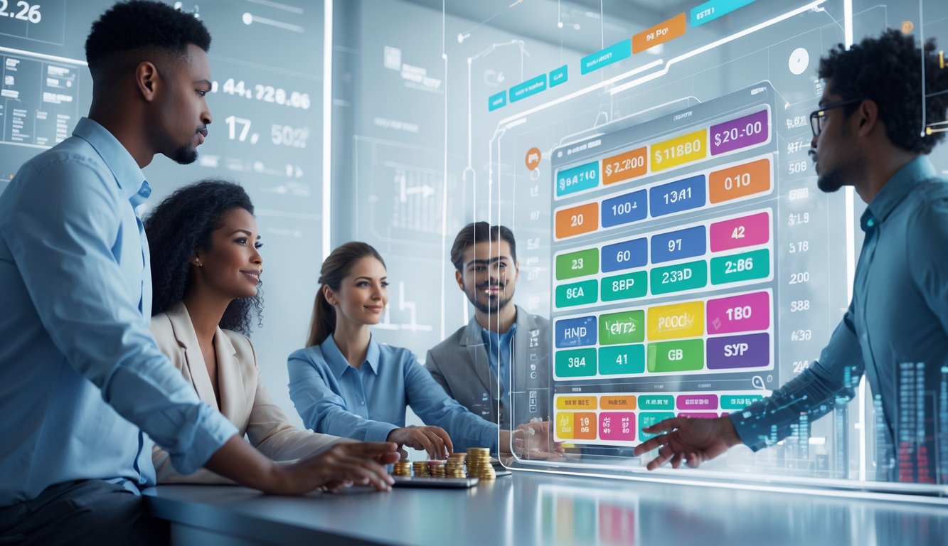 Orang-orang sedang menggunakan layar digital besar untuk melihat dan memilih pasar togel online dengan suasana modern dan profesional.