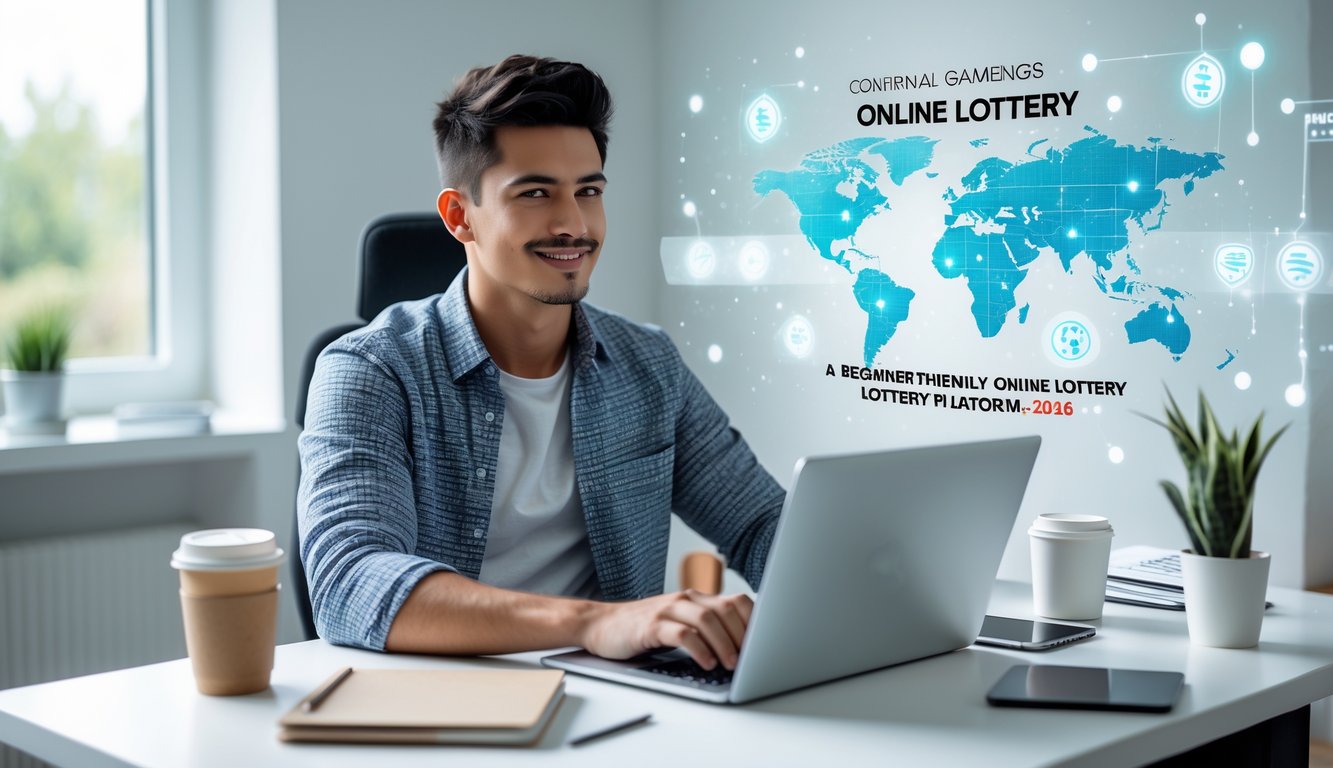 Seorang dewasa muda duduk di meja modern menggunakan laptop dengan latar ruang kerja terang dan elemen grafis digital yang menggambarkan permainan togel online.