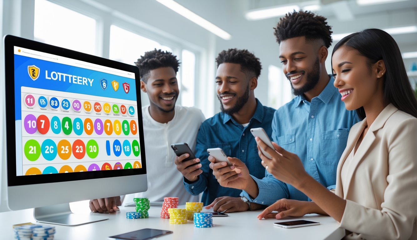Orang-orang muda menggunakan perangkat digital untuk bermain togel online dengan suasana kantor yang terang dan rapi.