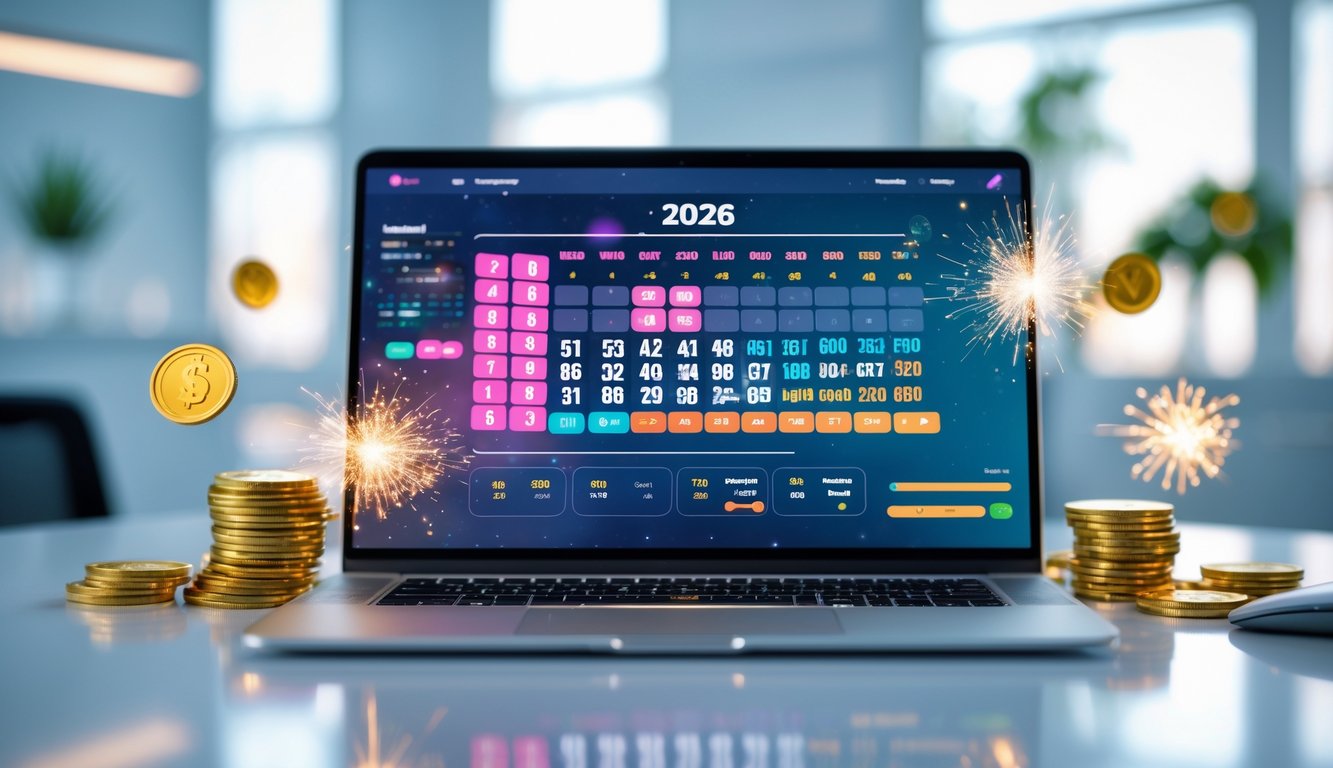 Sebuah laptop modern di atas meja dengan tampilan antarmuka digital lotere dan grafik keberhasilan, dikelilingi oleh koin emas dan latar kantor yang terang.