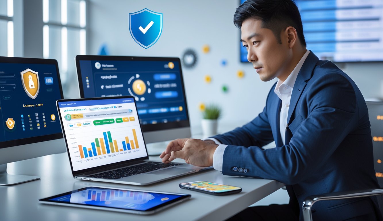 Seorang pria Asia duduk di meja modern dengan laptop dan ponsel, menganalisis data terkait lotere online di ruang kantor yang terang dan profesional.