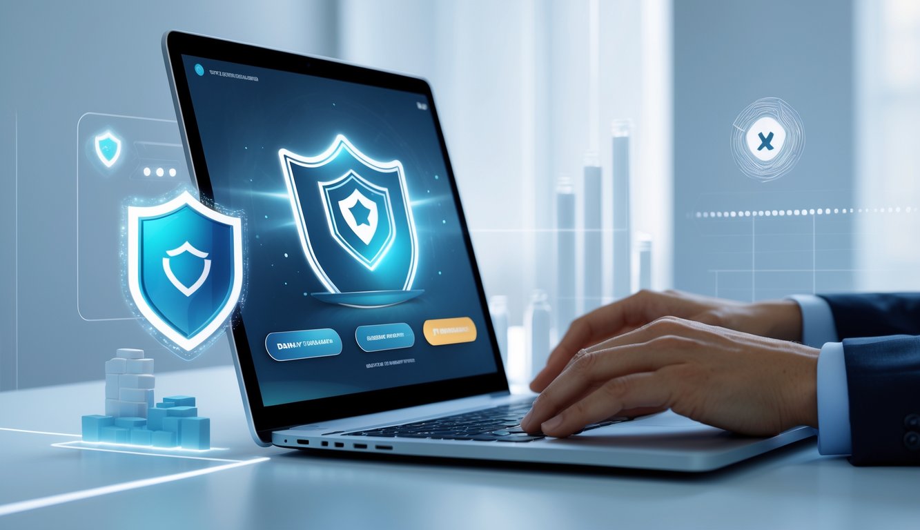 Seorang profesional menggunakan laptop dengan tampilan platform togel online modern di meja kerja yang bersih dan terang.