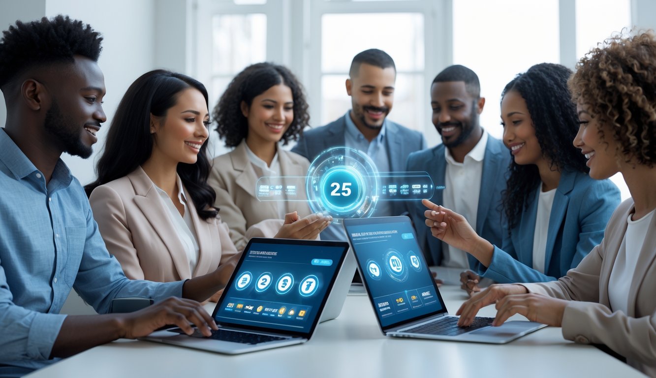 Beberapa orang menggunakan perangkat digital di lingkungan modern yang nyaman, menunjukkan aktivitas bermain togel online dengan suasana percaya dan profesional.