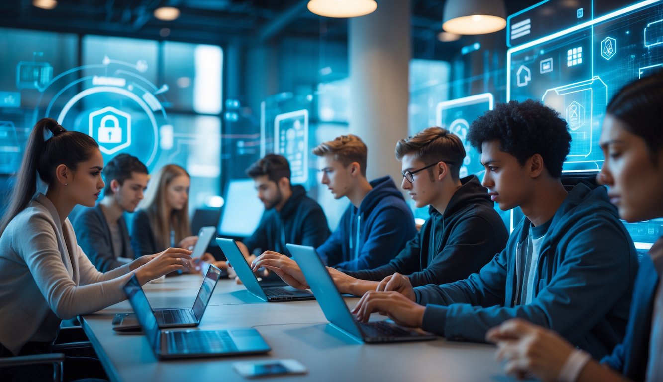 Sekelompok orang muda sedang bermain permainan kartu digital di ruang modern dengan suasana aman dan terpercaya.