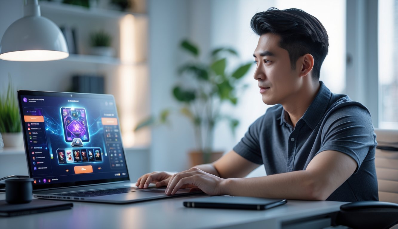 Seorang pria muda duduk di meja kerja dengan laptop yang menampilkan permainan kartu digital, di ruang kantor rumah yang rapi dan terang.