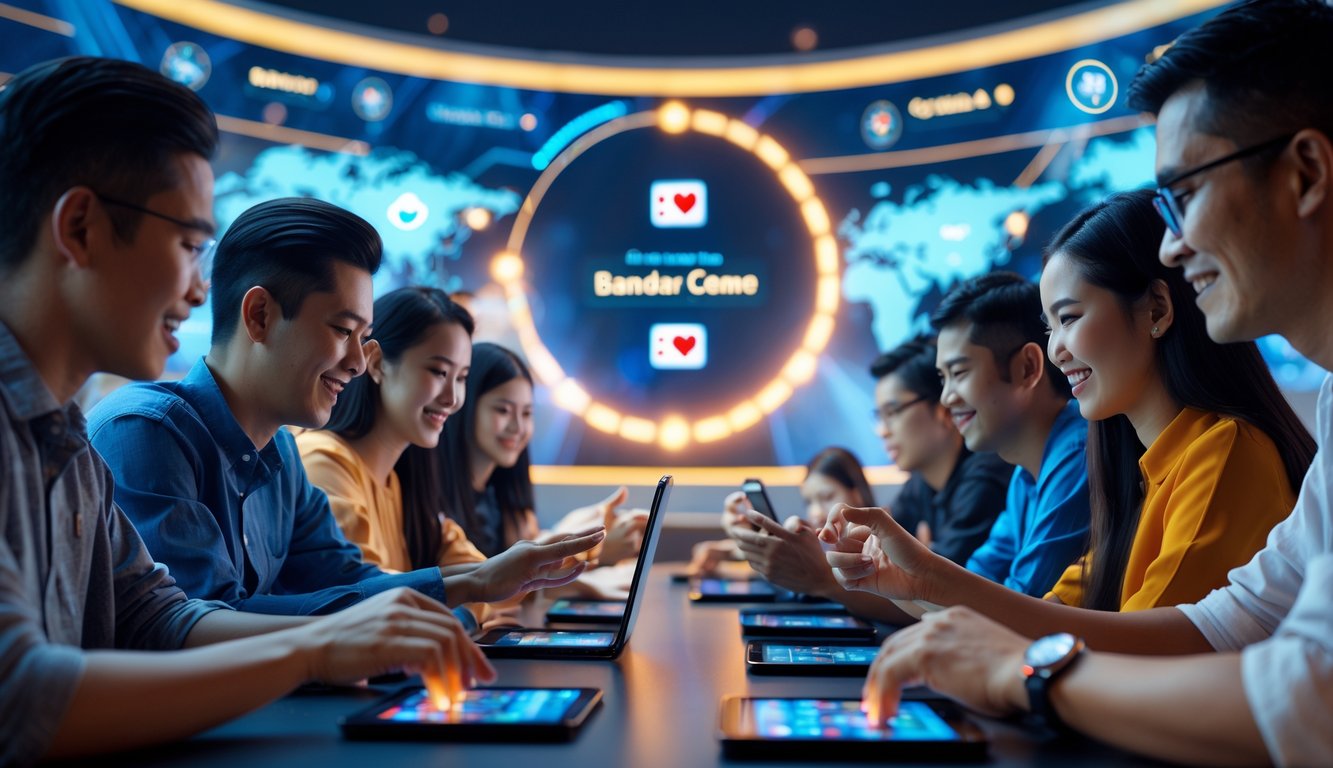 Sekelompok pemain Indonesia sedang bermain Bandar Ceme online menggunakan perangkat digital di lingkungan yang cerah dan modern.