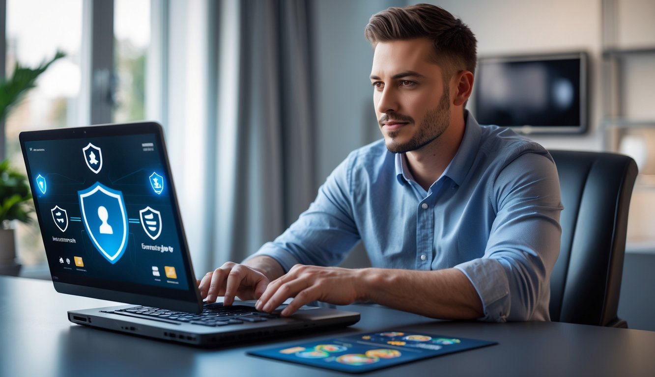 Seseorang sedang menggunakan laptop di ruang kerja modern dengan suasana yang tenang dan rapi.