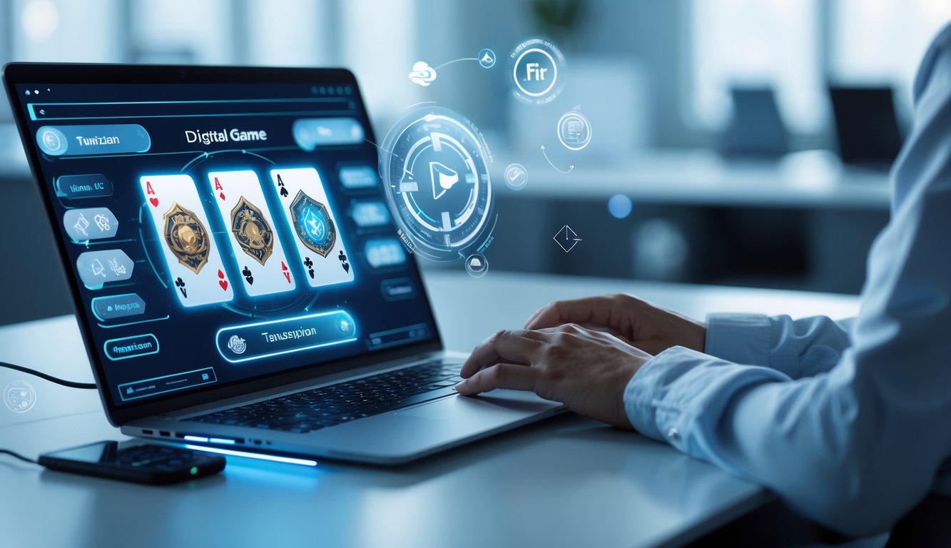 Seorang pengguna laptop sedang bermain permainan kartu digital di ruang kerja modern dengan suasana terang dan elemen digital yang menunjukkan transaksi cepat dan layanan 24 jam.