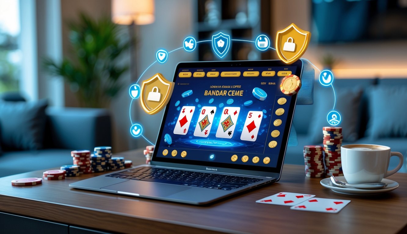 Seorang pengguna bermain permainan kartu Bandar Ceme secara online di laptop di meja kayu dengan suasana ruangan yang nyaman dan pencahayaan hangat.