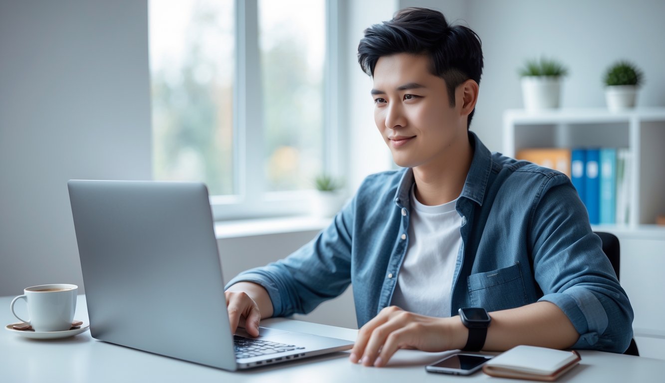 Seorang dewasa muda duduk di meja dengan laptop terbuka, fokus menggunakan komputer di ruang kerja rumah yang terang dan rapi.