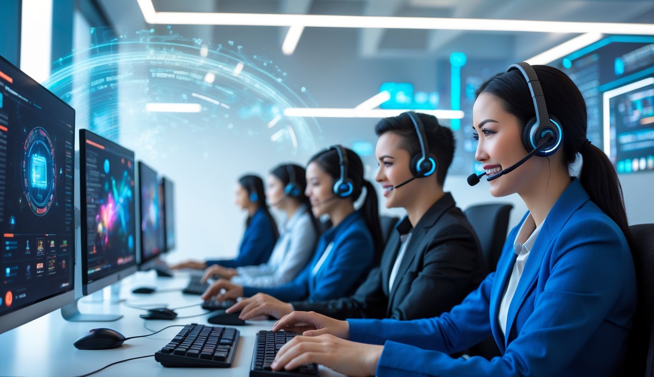 Tim layanan pelanggan profesional sedang bekerja di kantor modern dengan komputer dan headset, memberikan bantuan kepada pengguna online.