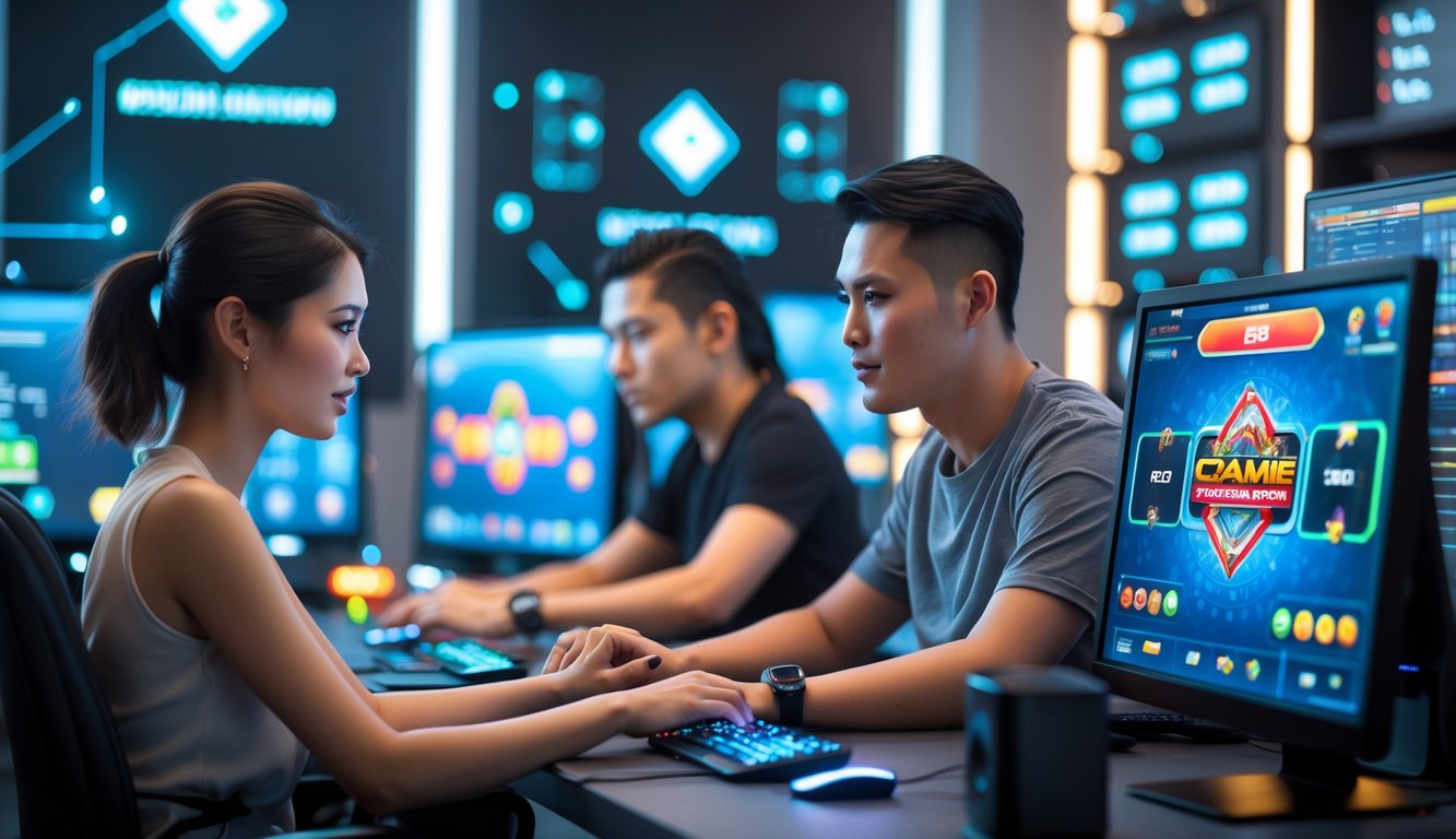 Dua orang muda sedang bermain permainan kartu Bandar Ceme secara online di depan komputer dengan latar belakang perangkat server yang menyala.