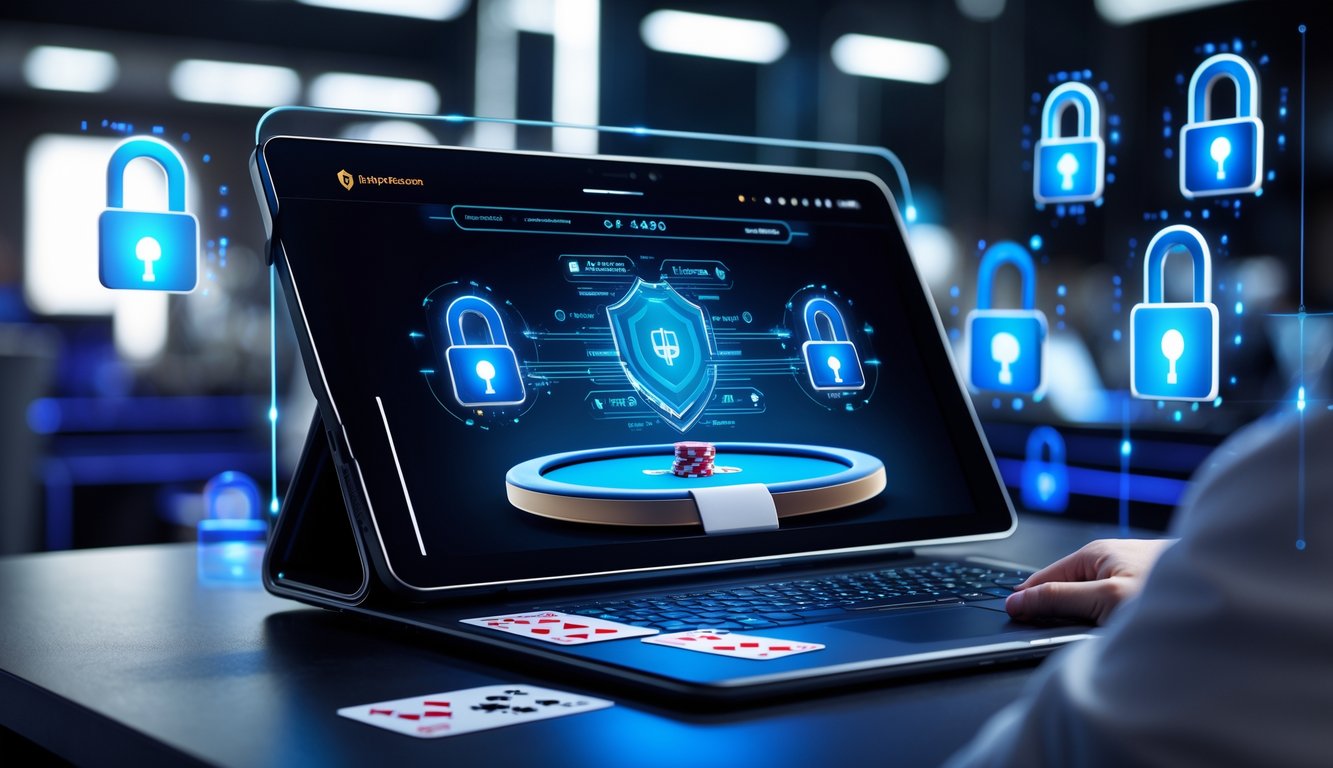 Tampilan meja poker digital modern dengan chip dan kartu, dilengkapi ikon keamanan digital di latar belakang.