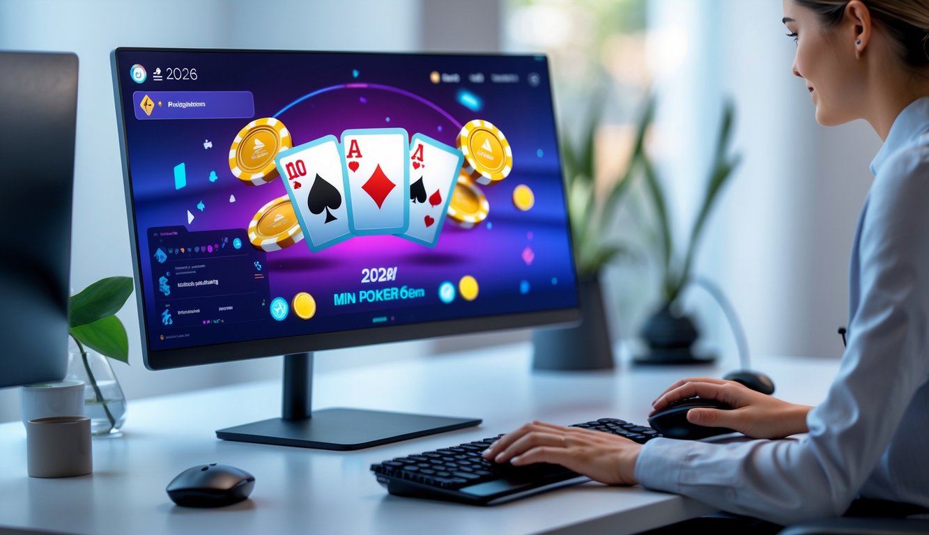 Seseorang sedang bermain poker online di komputer dengan tampilan kartu dan chip poker di layar, di ruang kerja yang rapi dan terang.