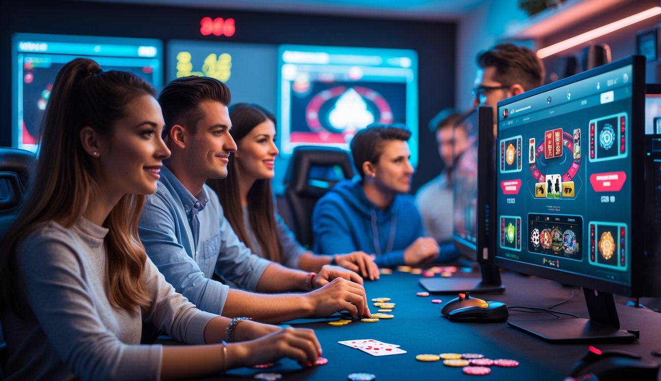 Beberapa orang muda sedang bermain poker online di ruang permainan dengan monitor dan peralatan modern.