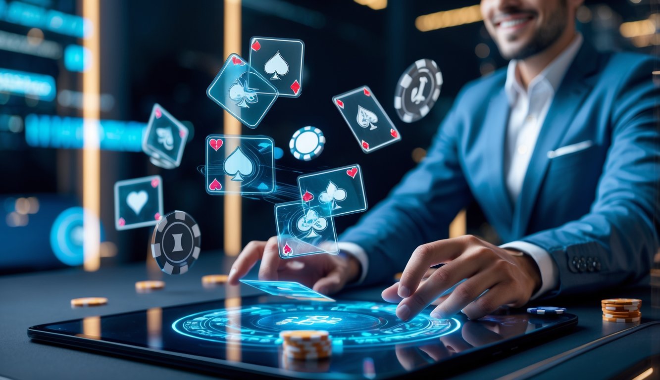 Orang sedang bermain poker online dengan antarmuka holografik di meja digital futuristik.